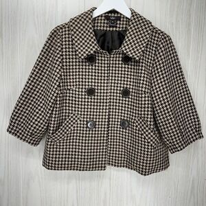 Luii Jacket Womens Size M Brown Tan Houndstooth 3/4 Sleeve Poly Wool Blend Lined